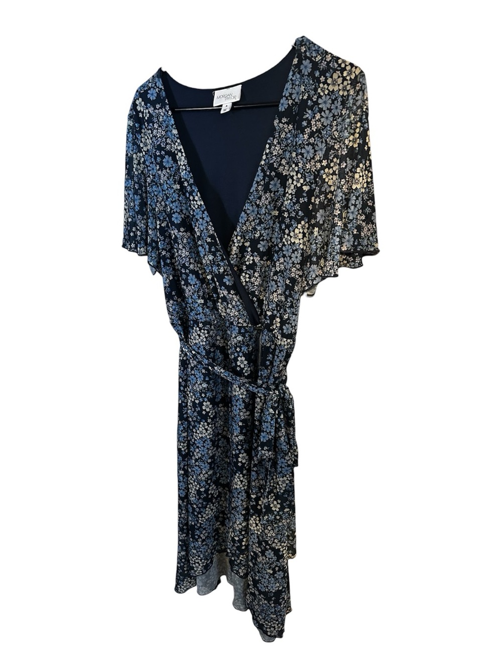 Morgan Taylor Navy Floral Wrap Midi Dress Short Sleeve Flutter High Low XL Boho - Picture 7 of 13